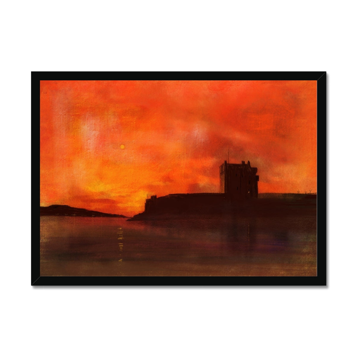 Broughty Castle Sunset Painting | Framed Prints From Scotland-Framed Prints-Historic & Iconic Scotland Art Gallery-A2 Landscape-Black Frame-Paintings, Prints, Homeware, Art Gifts From Scotland By Scottish Artist Kevin Hunter