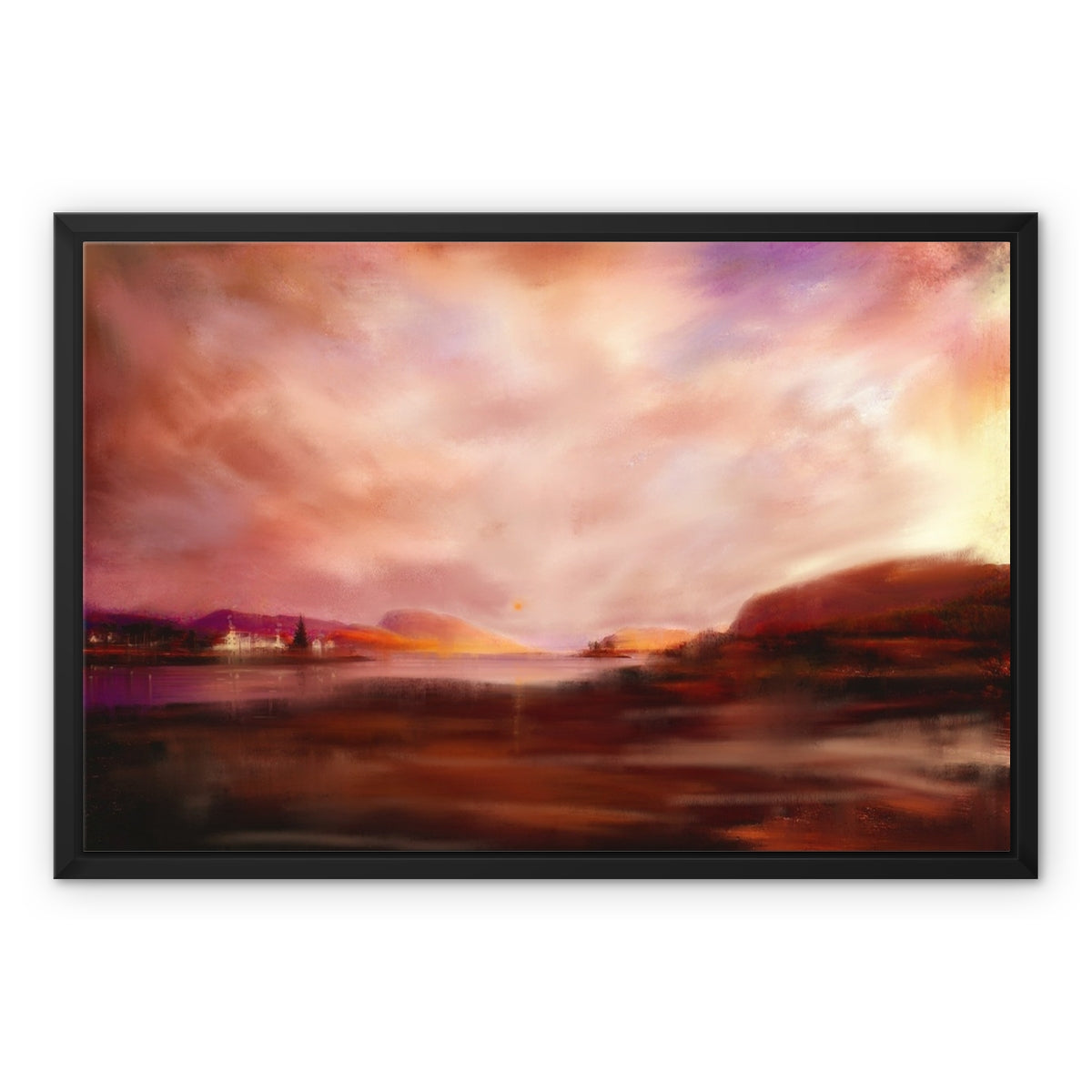 Plockton Sunset Painting | Framed Canvas-Fine art-Scottish Highlands & Lowlands Art Gallery-24"x18"-Black Frame-White Wrap-Paintings, Prints, Homeware, Art Gifts From Scotland By Scottish Artist Kevin Hunter