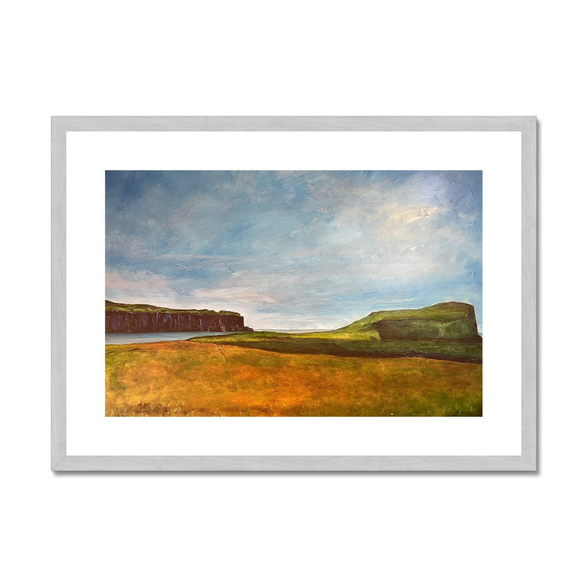 Approaching Oronsay Skye Painting | Antique Framed & Mounted Prints From Scotland-Antique Framed & Mounted Prints-Skye Art Gallery-A2 Landscape-Silver Frame-Paintings, Prints, Homeware, Art Gifts From Scotland By Scottish Artist Kevin Hunter