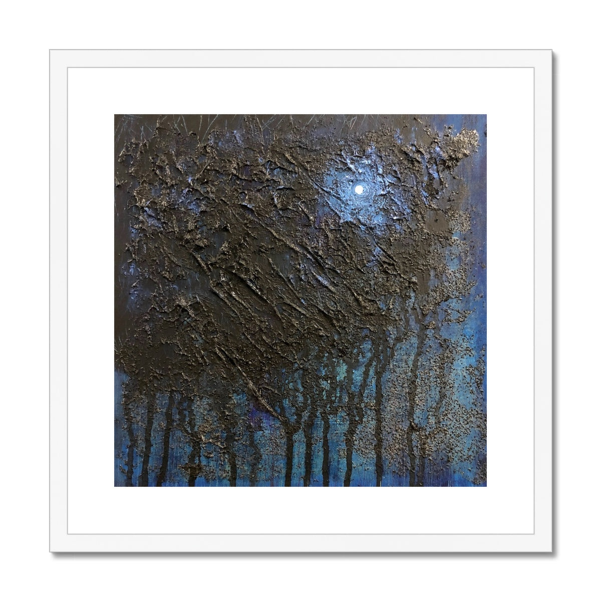 The Blue Moon Wood Abstract Painting | Framed & Mounted Prints From Scotland-Framed & Mounted Prints-Abstract & Impressionistic Art Gallery-20"x20"-White Frame-Paintings, Prints, Homeware, Art Gifts From Scotland By Scottish Artist Kevin Hunter