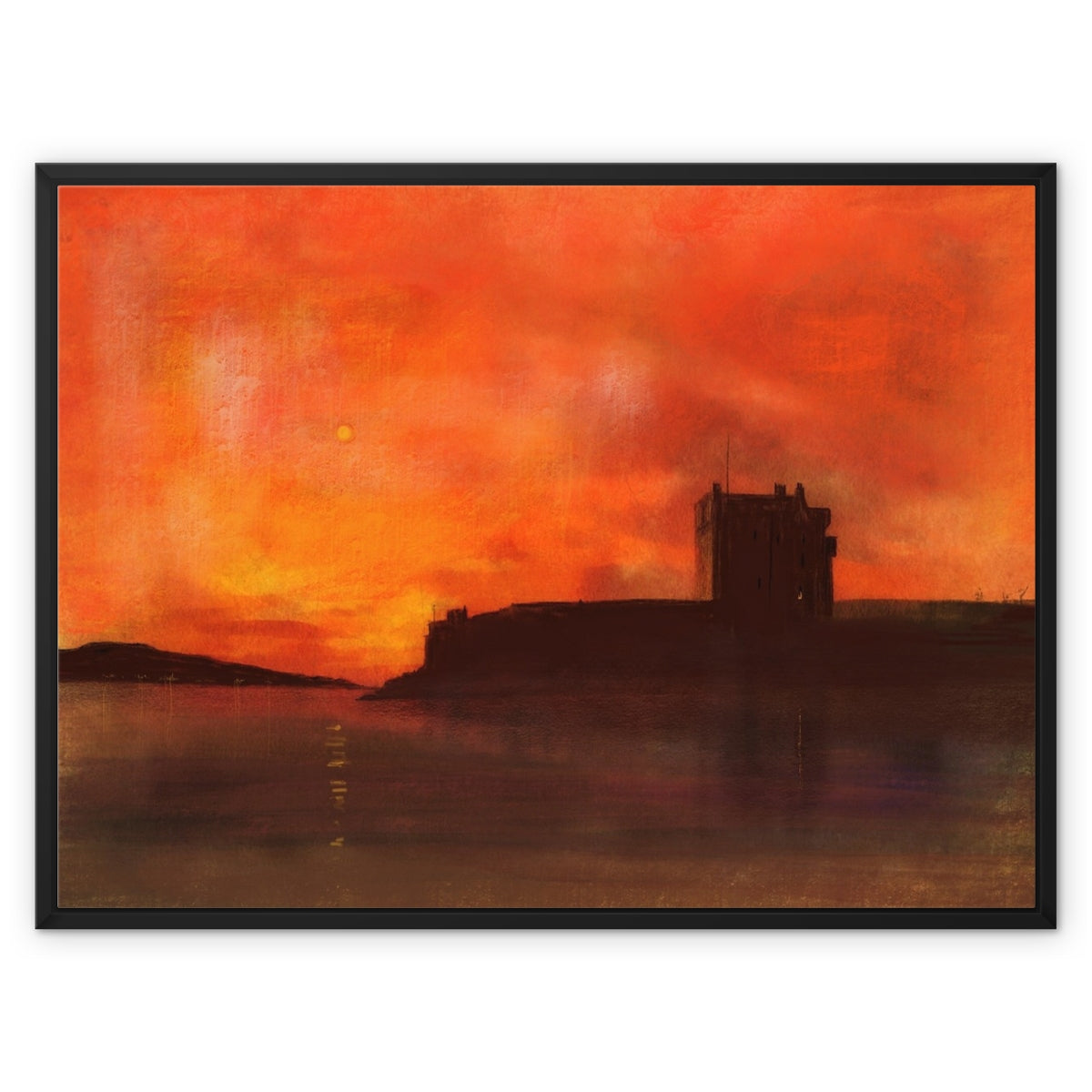 Broughty Castle Sunset Painting | Framed Canvas From Scotland-Floating Framed Canvas Prints-Historic & Iconic Scotland Art Gallery-32"x24"-Black Frame-Paintings, Prints, Homeware, Art Gifts From Scotland By Scottish Artist Kevin Hunter