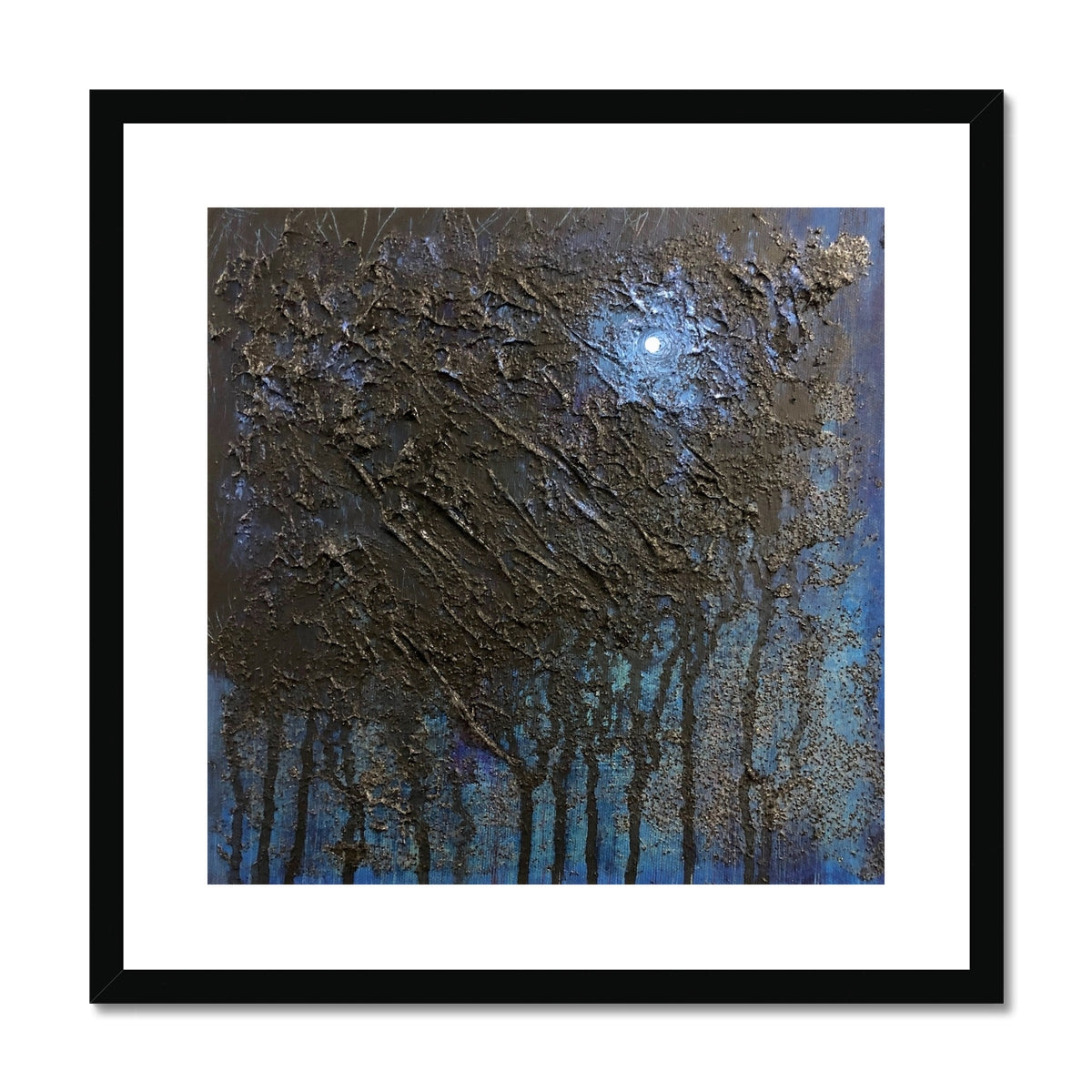 The Blue Moon Wood Abstract Painting | Framed & Mounted Prints From Scotland-Framed & Mounted Prints-Abstract & Impressionistic Art Gallery-20"x20"-Black Frame-Paintings, Prints, Homeware, Art Gifts From Scotland By Scottish Artist Kevin Hunter