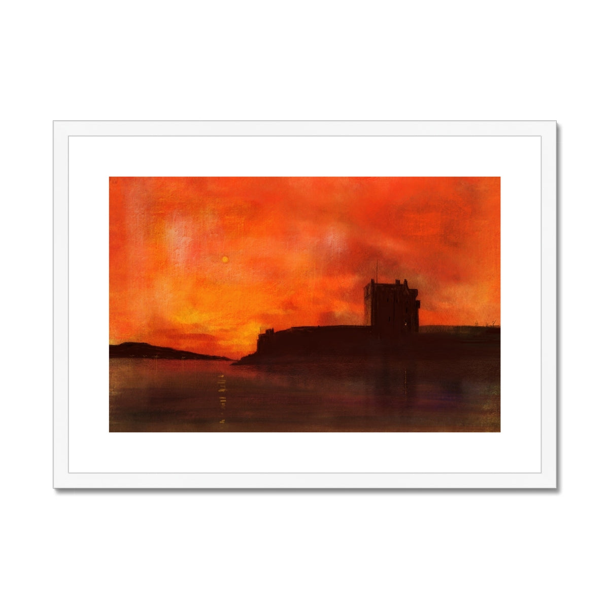 Broughty Castle Sunset Painting | Framed & Mounted Prints From Scotland-Framed & Mounted Prints-Historic & Iconic Scotland Art Gallery-A2 Landscape-White Frame-Paintings, Prints, Homeware, Art Gifts From Scotland By Scottish Artist Kevin Hunter