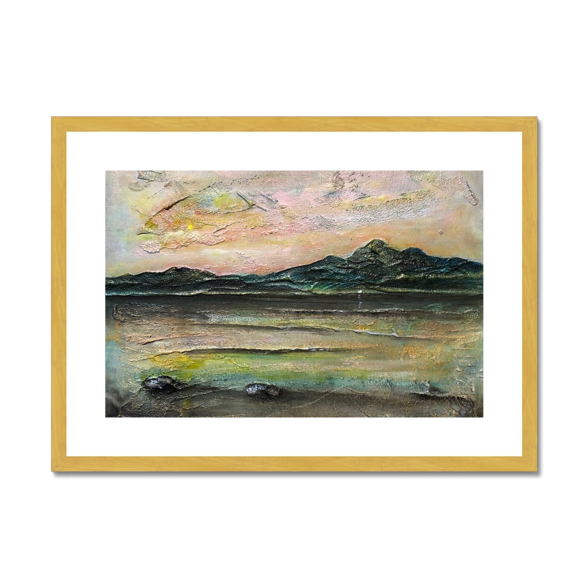 An Ethereal Loch Na Dal Skye Painting | Antique Framed & Mounted Prints From Scotland-Antique Framed & Mounted Prints-Scottish Lochs & Mountains Art Gallery-A2 Landscape-Gold Frame-Paintings, Prints, Homeware, Art Gifts From Scotland By Scottish Artist Kevin Hunter