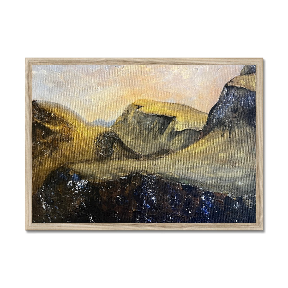 The Quiraing Skye Painting | Framed Prints From Scotland-Framed Prints-Skye Art Gallery-A2 Landscape-Natural Frame-Paintings, Prints, Homeware, Art Gifts From Scotland By Scottish Artist Kevin Hunter