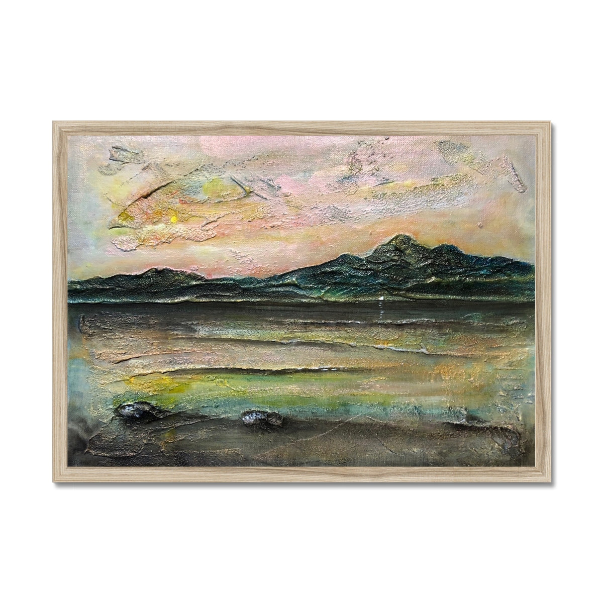 An Ethereal Loch Na Dal Skye Painting | Framed Prints From Scotland-Framed Prints-Scottish Lochs & Mountains Art Gallery-A2 Landscape-Natural Frame-Paintings, Prints, Homeware, Art Gifts From Scotland By Scottish Artist Kevin Hunter
