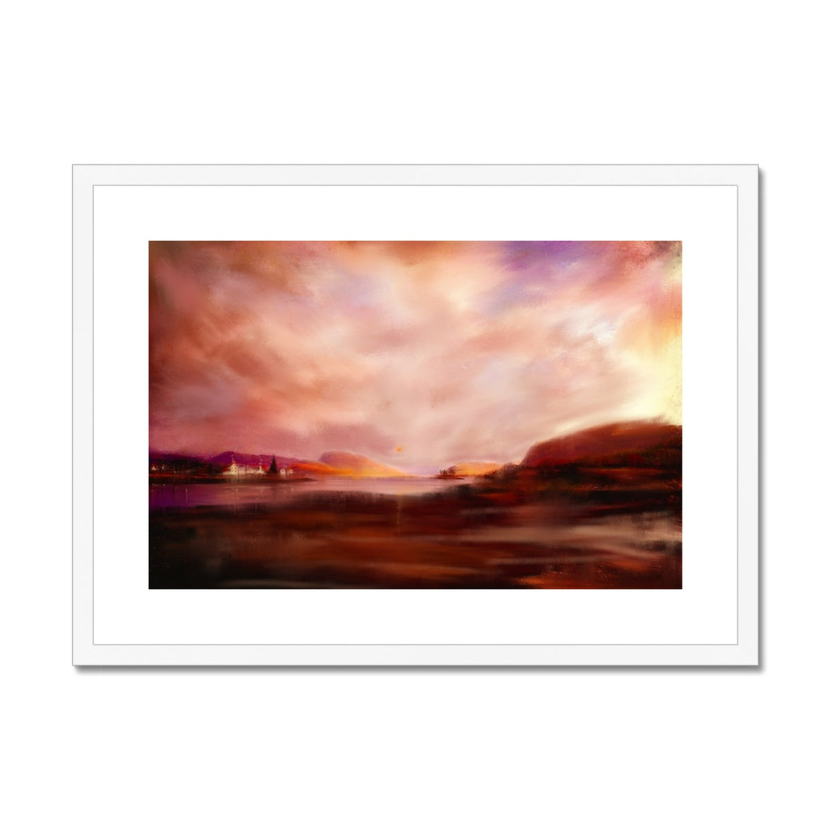 Plockton Sunset Painting | Framed & Mounted Prints From Scotland-Framed & Mounted Prints-Scottish Highlands & Lowlands Art Gallery-A2 Landscape-White Frame-Paintings, Prints, Homeware, Art Gifts From Scotland By Scottish Artist Kevin Hunter