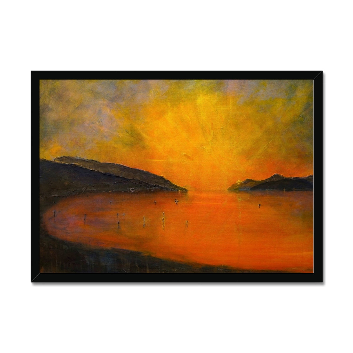 Loch Ness Sunset Painting | Framed Prints From Scotland-Framed Prints-Scottish Lochs & Mountains Art Gallery-A2 Landscape-Black Frame-Paintings, Prints, Homeware, Art Gifts From Scotland By Scottish Artist Kevin Hunter