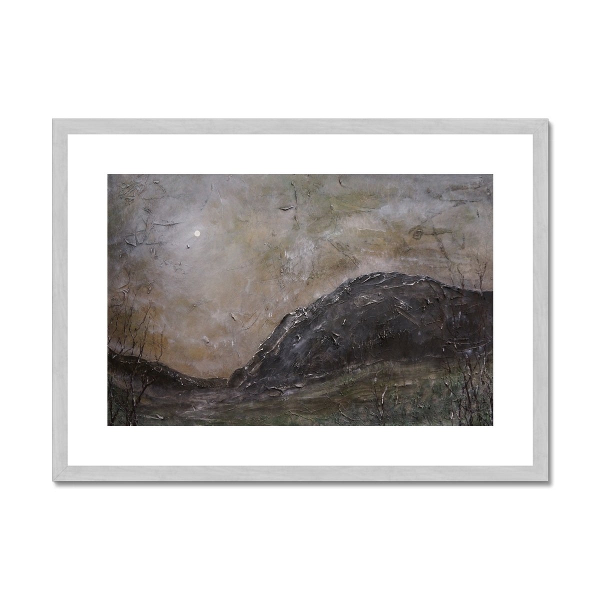 Glen Nevis Moonlight Painting | Antique Framed & Mounted Prints From Scotland-Antique Framed & Mounted Prints-Scottish Lochs & Mountains Art Gallery-A2 Landscape-Silver Frame-Paintings, Prints, Homeware, Art Gifts From Scotland By Scottish Artist Kevin Hunter