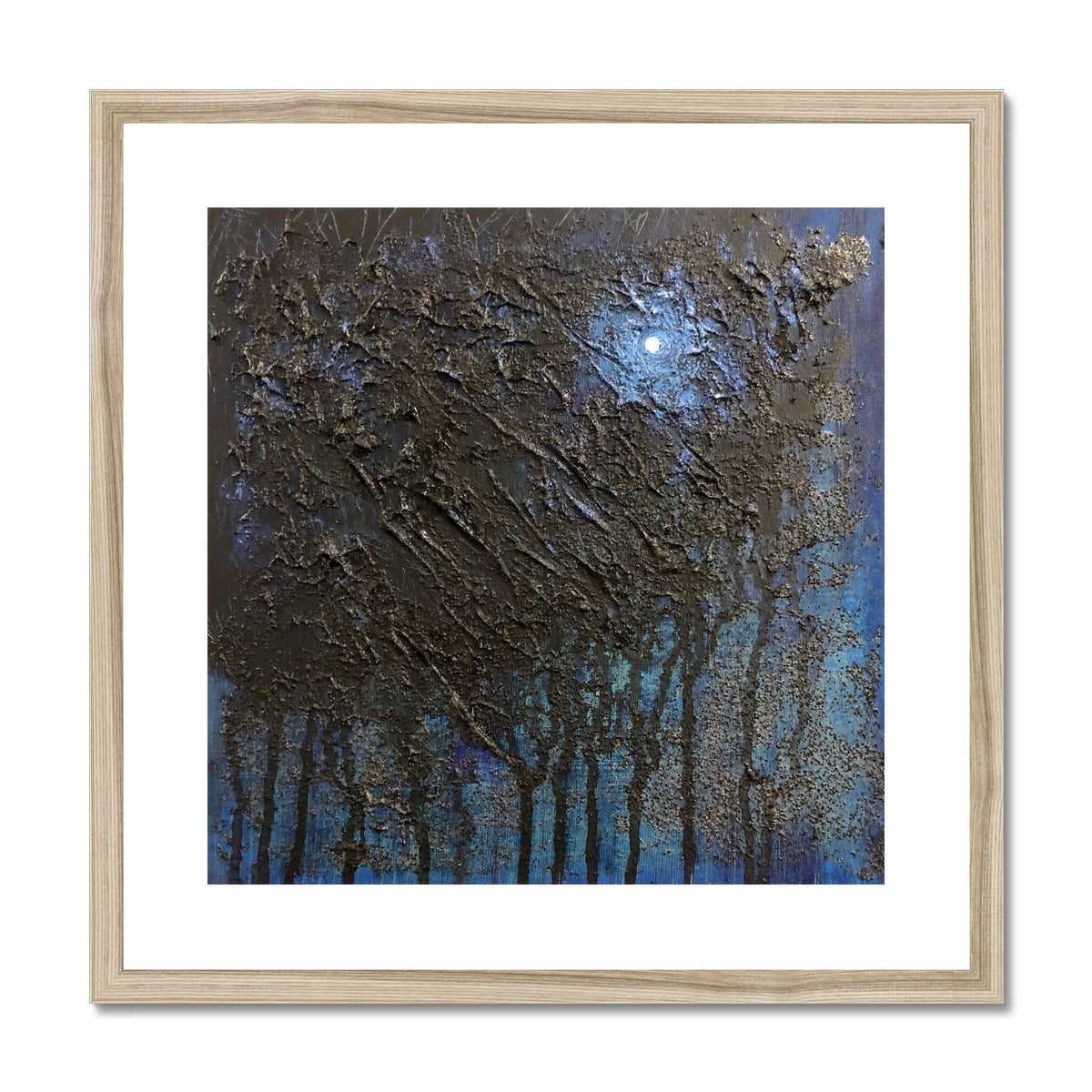 The Blue Moon Wood Abstract Painting | Framed & Mounted Prints From Scotland-Framed & Mounted Prints-Abstract & Impressionistic Art Gallery-20"x20"-Natural Frame-Paintings, Prints, Homeware, Art Gifts From Scotland By Scottish Artist Kevin Hunter