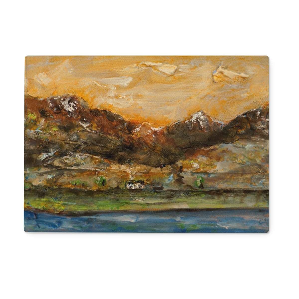 A Glencoe Cottage Art Gifts Glass Chopping Board | Glencoe Art Gallery | Paintings, Prints, Homeware and Art Gifts From Scotland By Scottish Artist Kevin Hunter