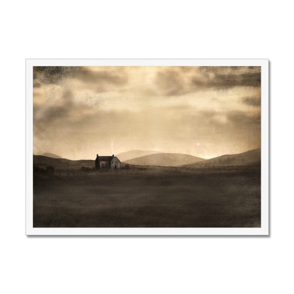 A Moonlit Croft Painting | Framed Prints From Scotland-Framed Prints-Hebridean Islands Art Gallery-A2 Landscape-White Frame-Paintings, Prints, Homeware, Art Gifts From Scotland By Scottish Artist Kevin Hunter