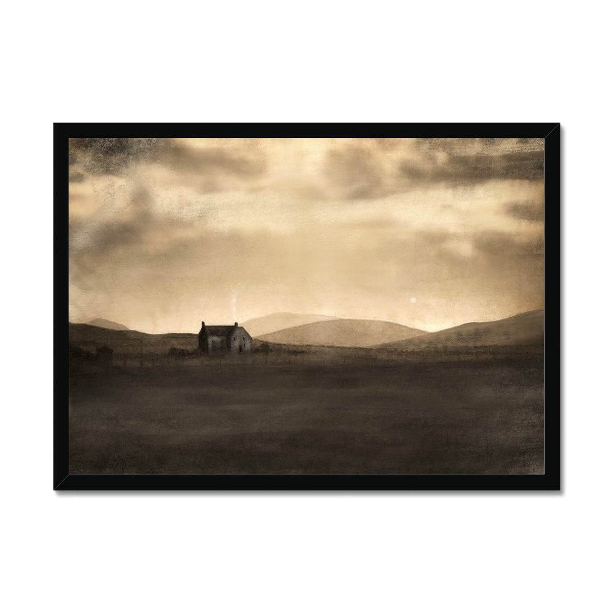 A Moonlit Croft Painting | Framed Prints From Scotland-Framed Prints-Hebridean Islands Art Gallery-A2 Landscape-Black Frame-Paintings, Prints, Homeware, Art Gifts From Scotland By Scottish Artist Kevin Hunter