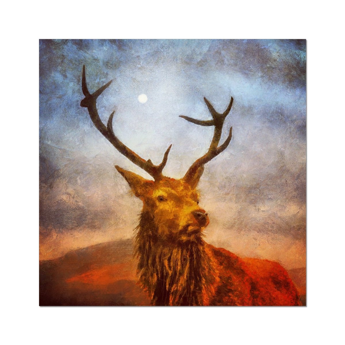 A Moonlit Highland Stag Painting | Fine Art Prints From Scotland-Unframed Prints-Scottish Highlands & Lowlands Art Gallery-24"x24"-Paintings, Prints, Homeware, Art Gifts From Scotland By Scottish Artist Kevin Hunter