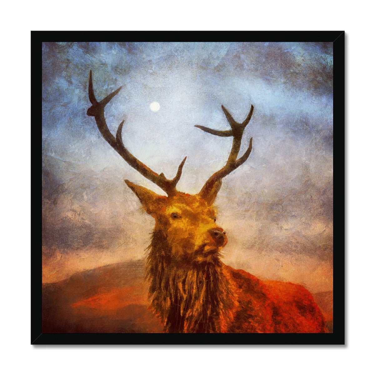 A Moonlit Highland Stag Painting | Framed Prints From Scotland-Framed Prints-Scottish Highlands & Lowlands Art Gallery-20"x20"-Black Frame-Paintings, Prints, Homeware, Art Gifts From Scotland By Scottish Artist Kevin Hunter