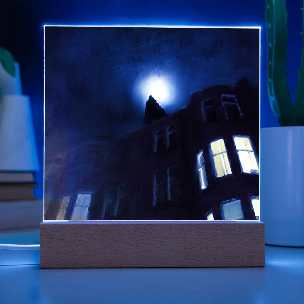 A Moonlit Tenement illuminated Neon Acrylic Art Plaque