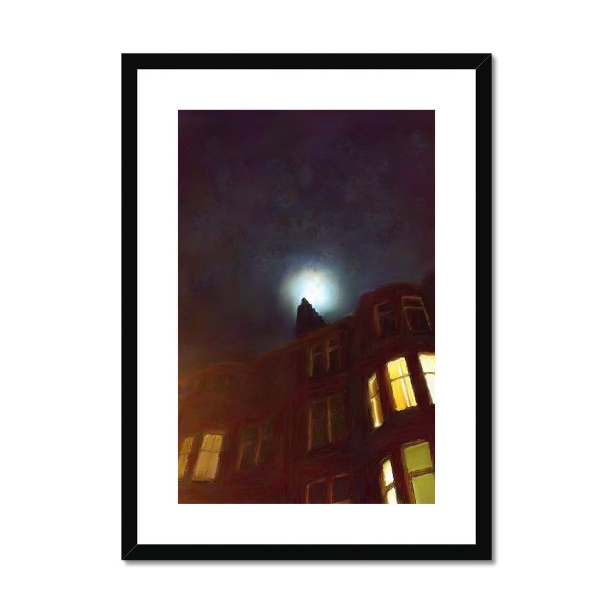 A Moonlit Tenement Painting | Framed & Mounted Prints From Scotland-Framed & Mounted Prints-Edinburgh & Glasgow Art Gallery-A2 Portrait-Black Frame-Paintings, Prints, Homeware, Art Gifts From Scotland By Scottish Artist Kevin Hunter