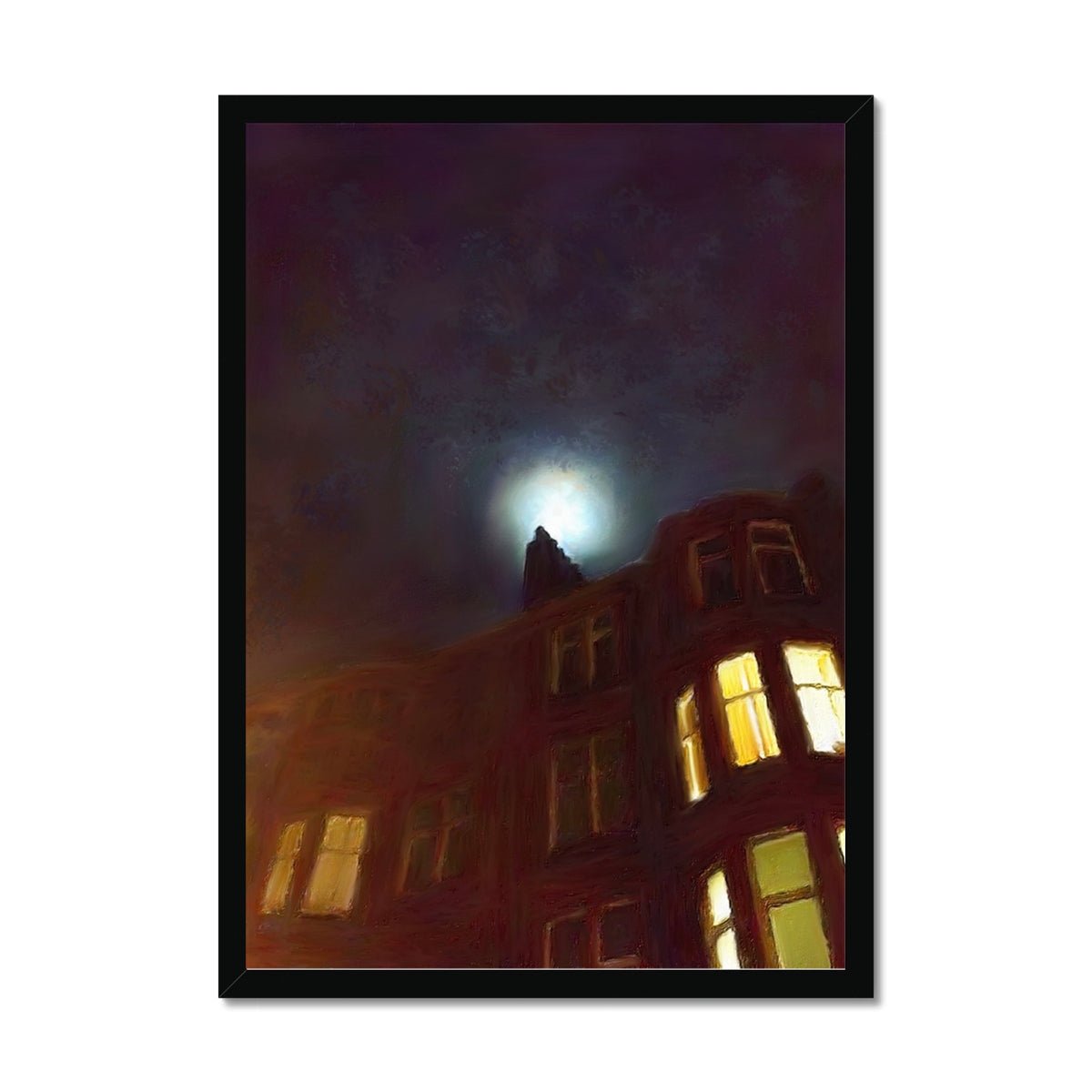 A Moonlit Tenement Painting | Framed Prints From Scotland-Framed Prints-Edinburgh & Glasgow Art Gallery-A2 Portrait-Black Frame-Paintings, Prints, Homeware, Art Gifts From Scotland By Scottish Artist Kevin Hunter