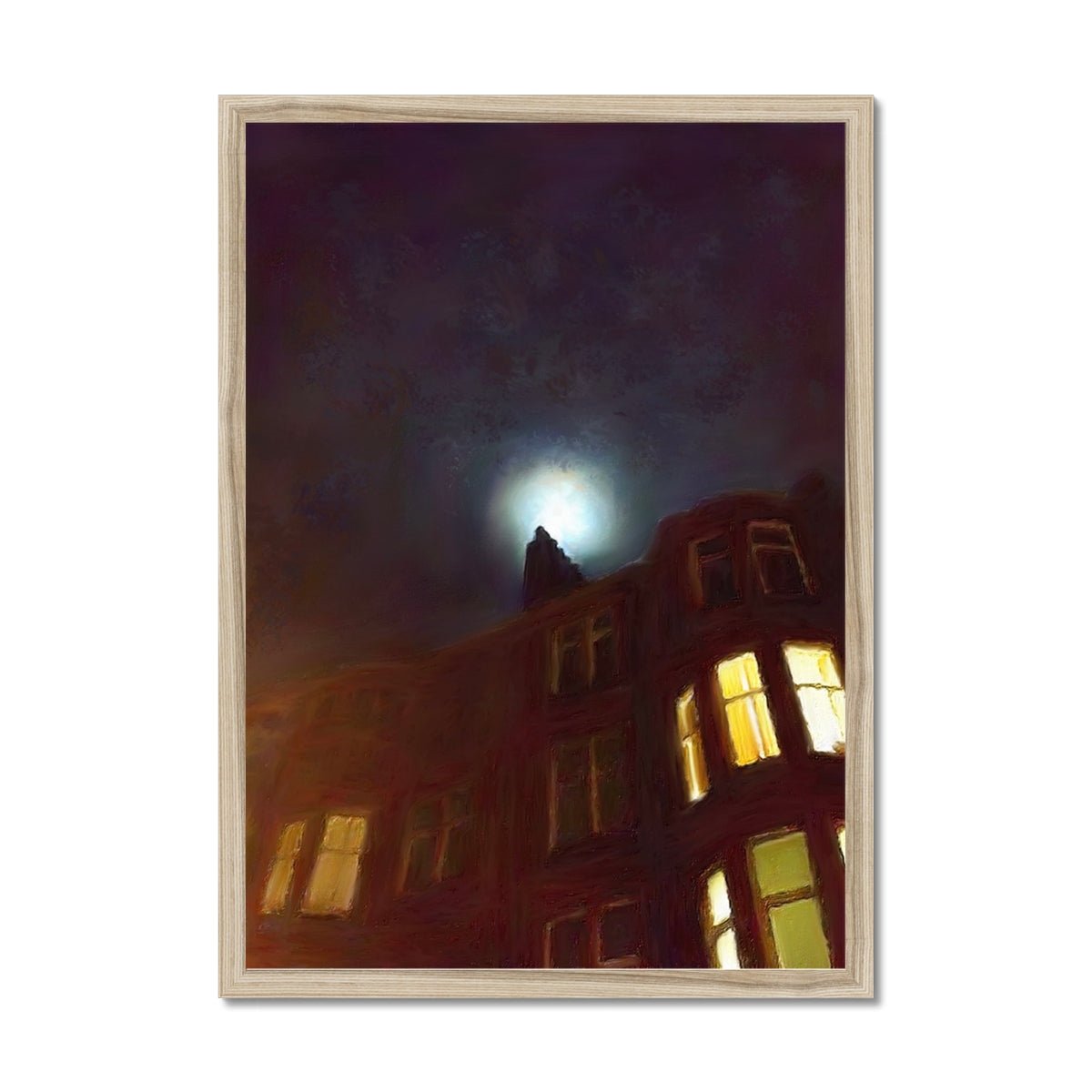 A Moonlit Tenement Painting | Framed Prints From Scotland-Framed Prints-Edinburgh & Glasgow Art Gallery-A2 Portrait-Natural Frame-Paintings, Prints, Homeware, Art Gifts From Scotland By Scottish Artist Kevin Hunter