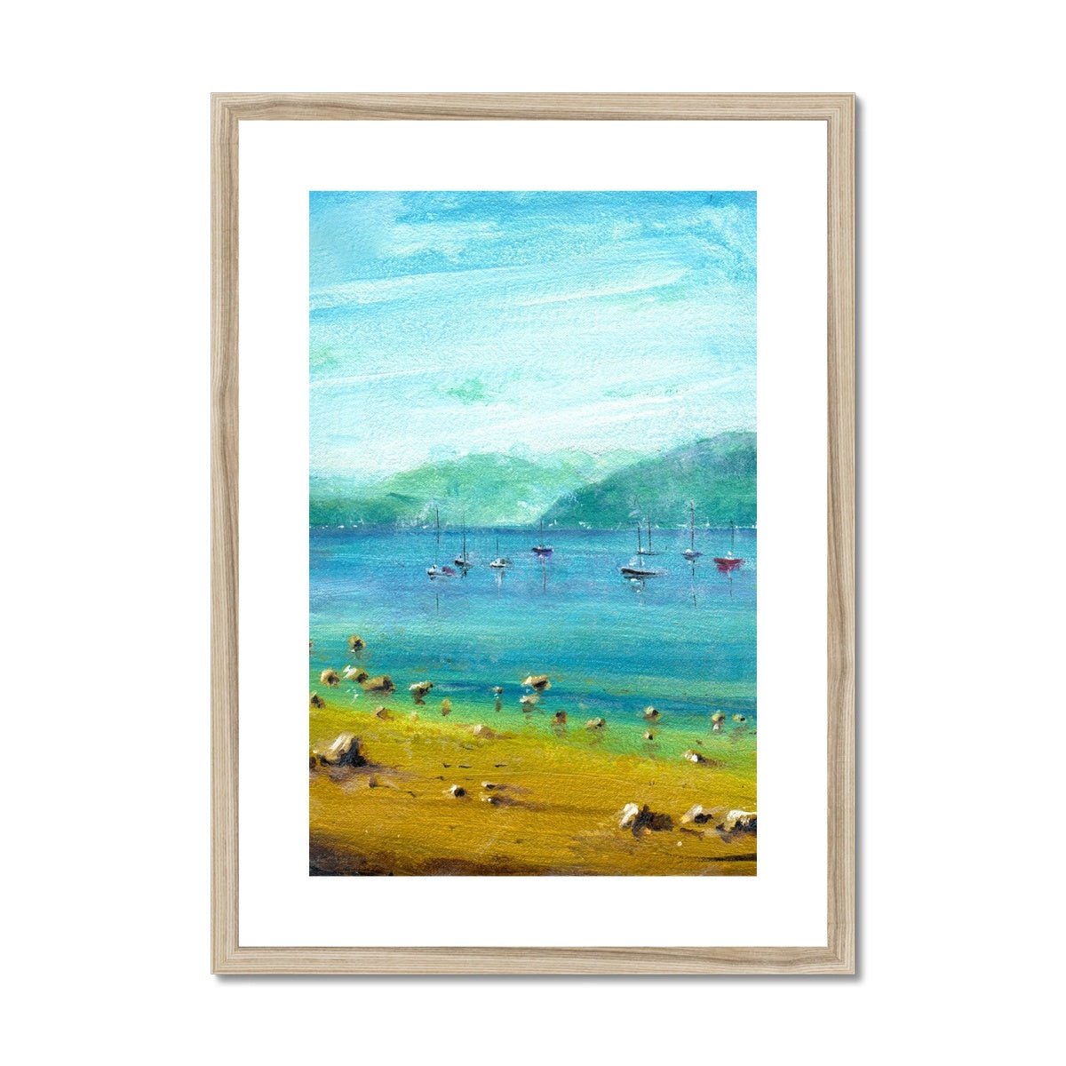A Summer Day On The Clyde Painting | Framed & Mounted Prints From Scotland-Framed & Mounted Prints-River Clyde Art Gallery-A2 Portrait-Natural Frame-Paintings, Prints, Homeware, Art Gifts From Scotland By Scottish Artist Kevin Hunter