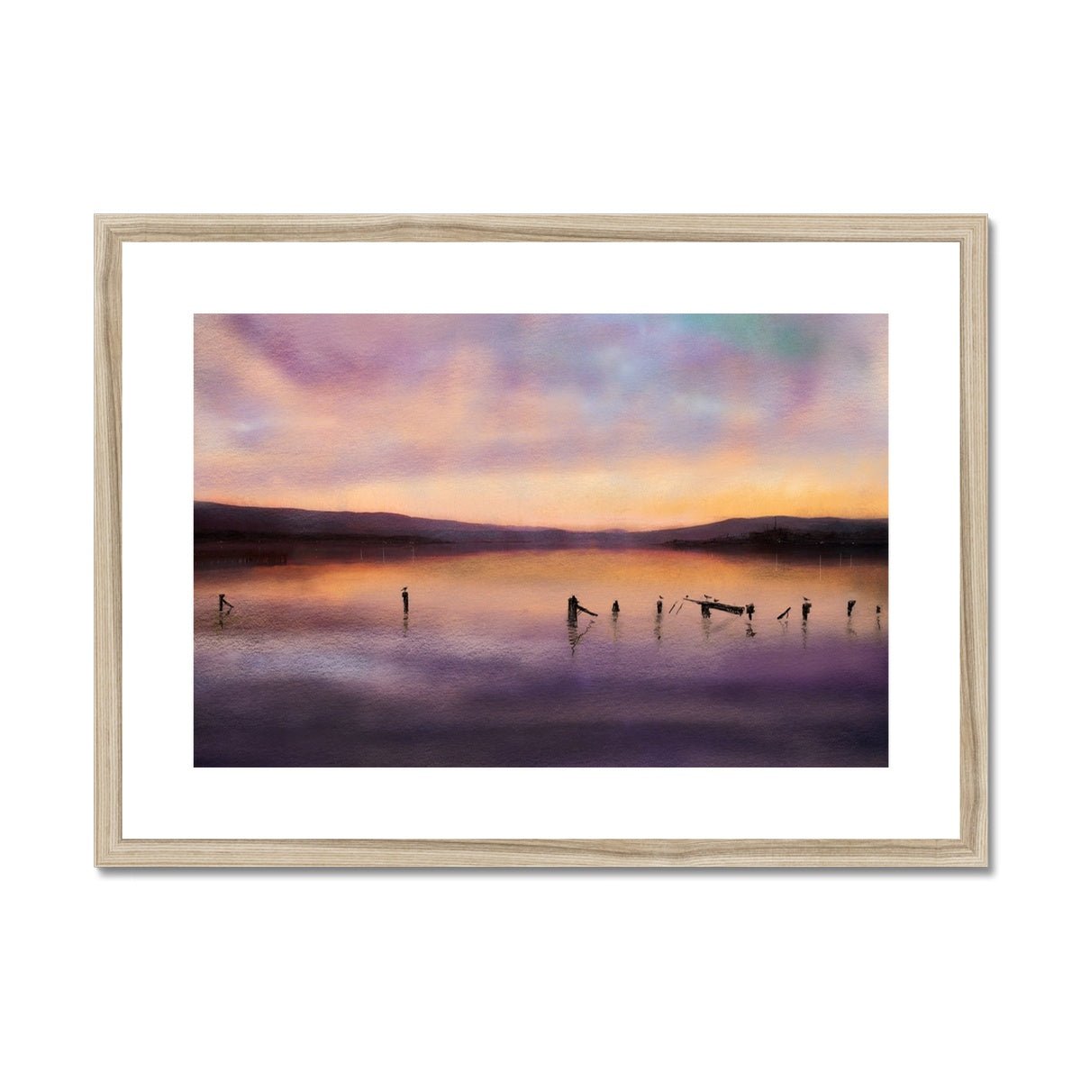 Admiralty Jetty Dusk Painting | Framed & Mounted Prints From Scotland-Framed & Mounted Prints-River Clyde Art Gallery-A2 Landscape-Natural Frame-Paintings, Prints, Homeware, Art Gifts From Scotland By Scottish Artist Kevin Hunter