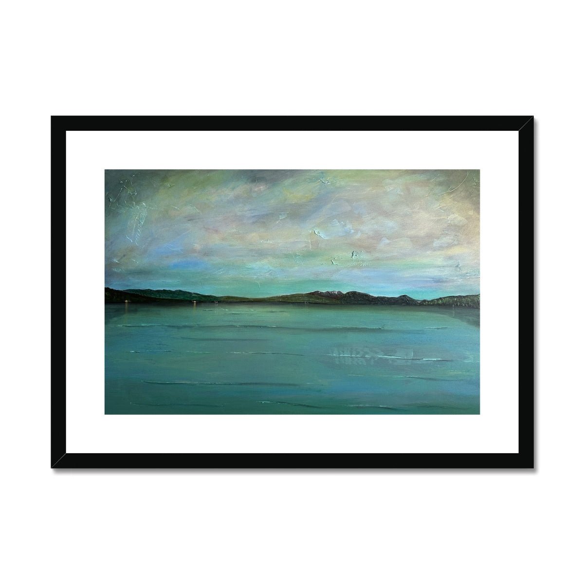 An Emerald Loch Lomond Painting | Framed & Mounted Prints From Scotland-Framed & Mounted Prints-Scottish Lochs & Mountains Art Gallery-A2 Landscape-Black Frame-Paintings, Prints, Homeware, Art Gifts From Scotland By Scottish Artist Kevin Hunter