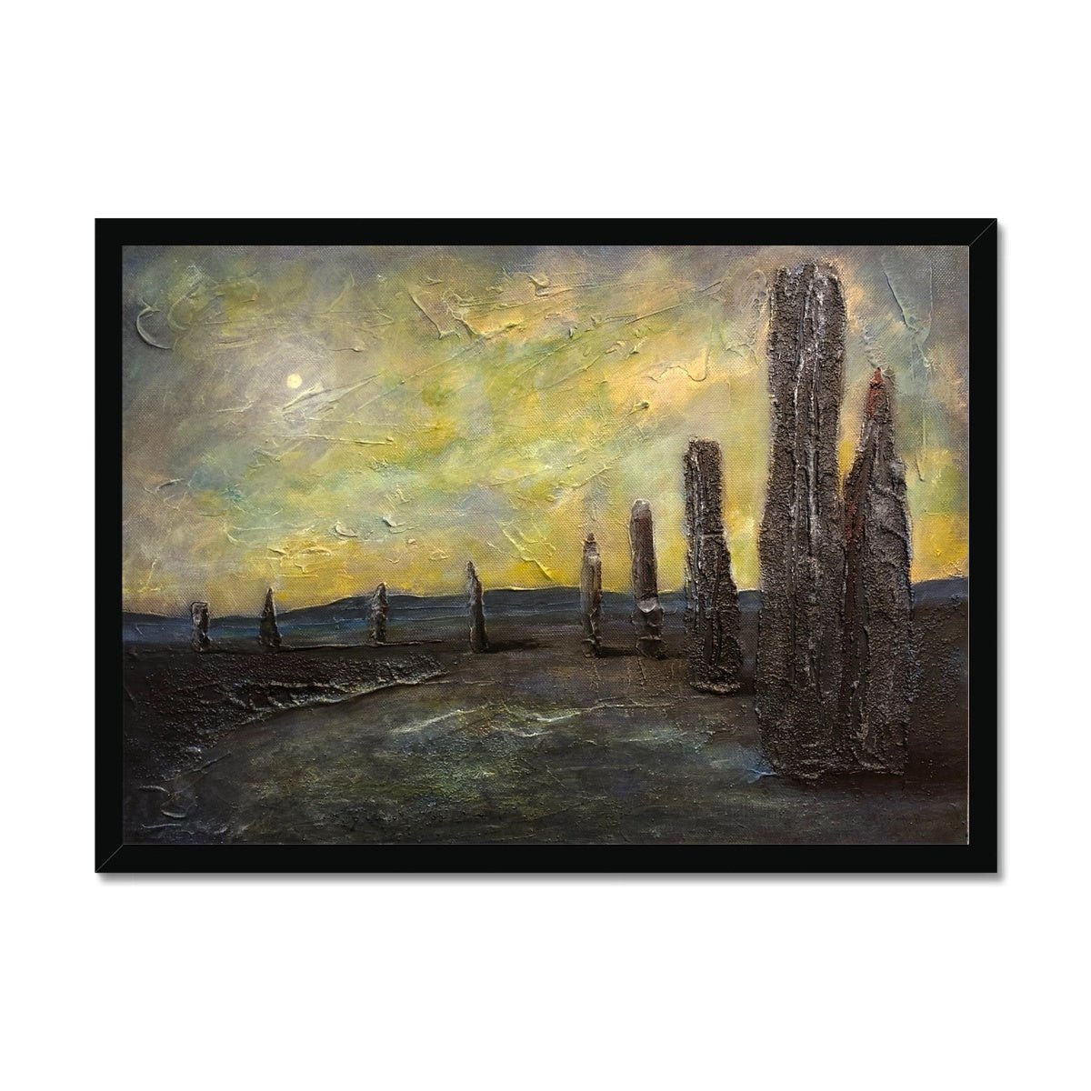 An Ethereal Ring Of Brodgar Orkney Painting | Framed Prints From Scotland-Framed Prints-Orkney Art Gallery-A2 Landscape-Black Frame-Paintings, Prints, Homeware, Art Gifts From Scotland By Scottish Artist Kevin Hunter