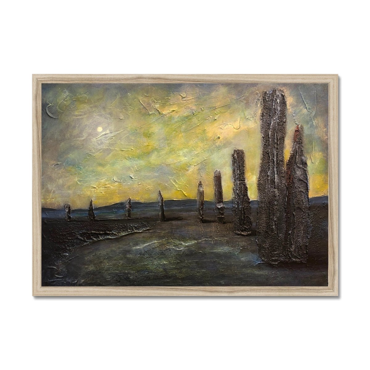 An Ethereal Ring Of Brodgar Orkney Painting | Framed Prints From Scotland-Framed Prints-Orkney Art Gallery-A2 Landscape-Natural Frame-Paintings, Prints, Homeware, Art Gifts From Scotland By Scottish Artist Kevin Hunter