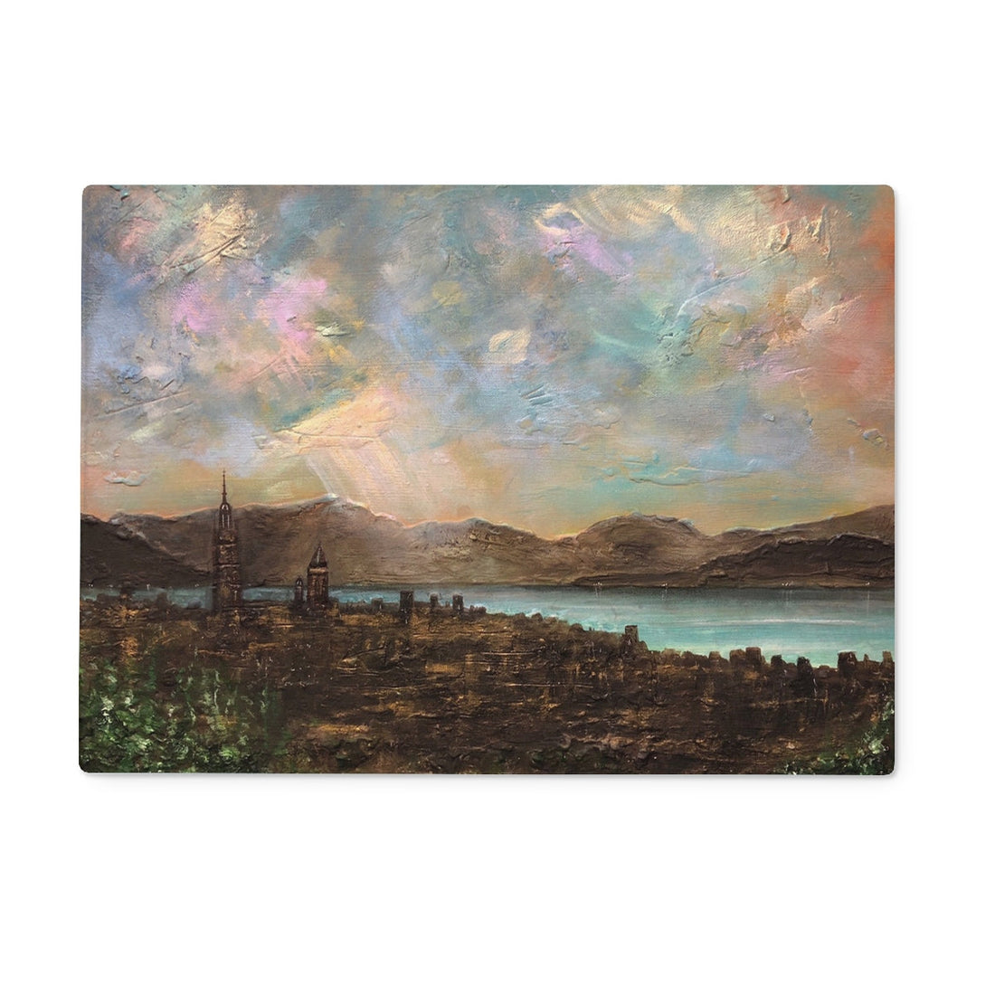 Angels Fingers Over Greenock Art Gifts Glass Chopping Board | River Clyde Art Gallery | Paintings, Prints, Homeware and Art Gifts From Scotland By Scottish Artist Kevin Hunter