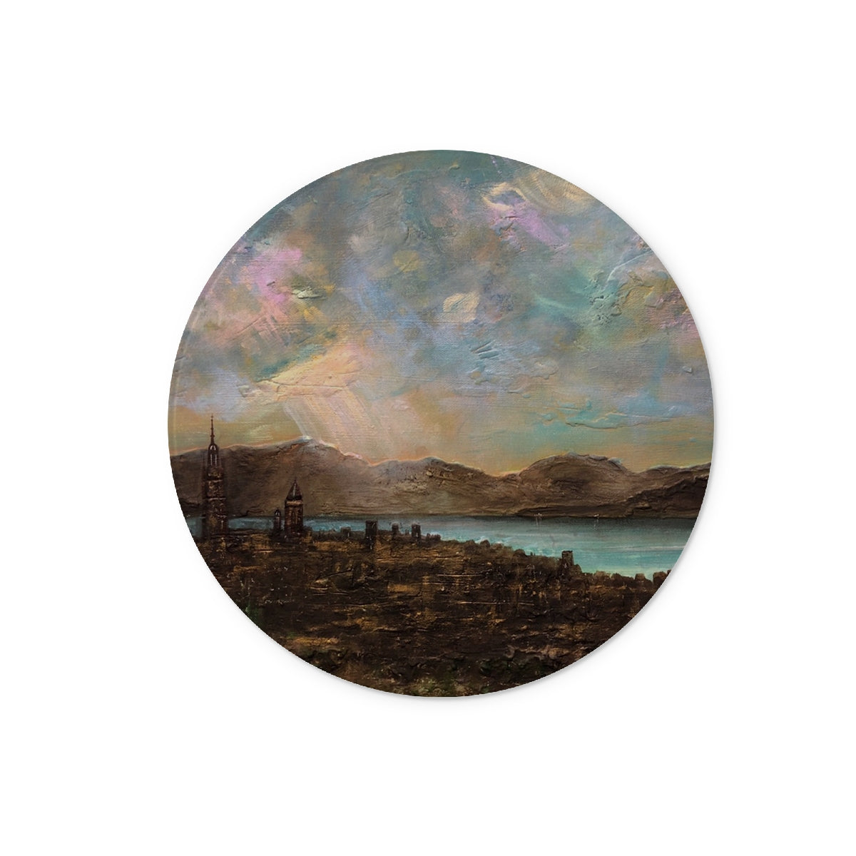 Angels Fingers Over Greenock Art Gifts Glass Chopping Board | River Clyde Art Gallery | Paintings, Prints, Homeware and Art Gifts From Scotland By Scottish Artist Kevin Hunter