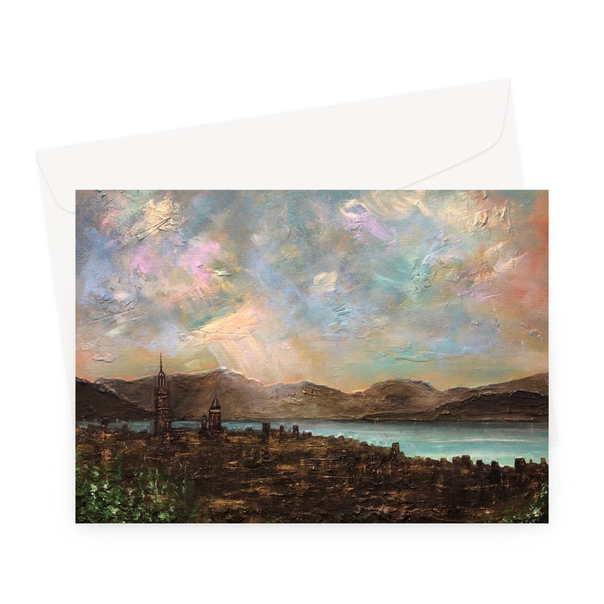 Angels Fingers Over Greenock Art Gifts Greeting Card-Greetings Cards-River Clyde Art Gallery-A5 Landscape-10 Cards-Paintings, Prints, Homeware, Art Gifts From Scotland By Scottish Artist Kevin Hunter