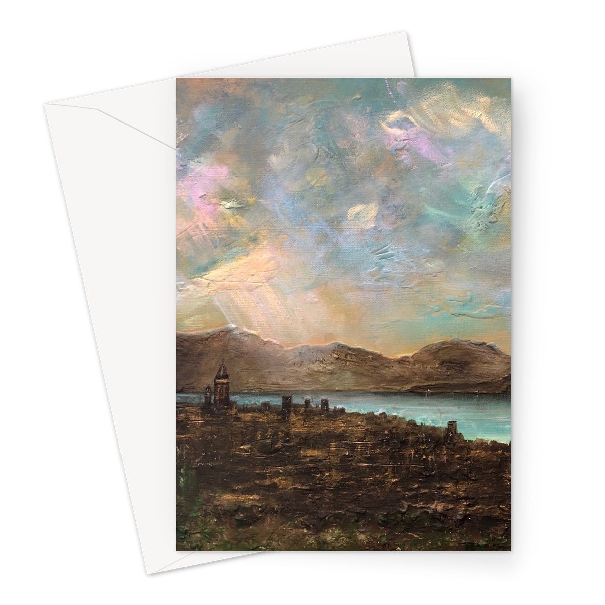 Angels Fingers Over Greenock Art Gifts Greeting Card-Greetings Cards-River Clyde Art Gallery-A5 Portrait-10 Cards-Paintings, Prints, Homeware, Art Gifts From Scotland By Scottish Artist Kevin Hunter