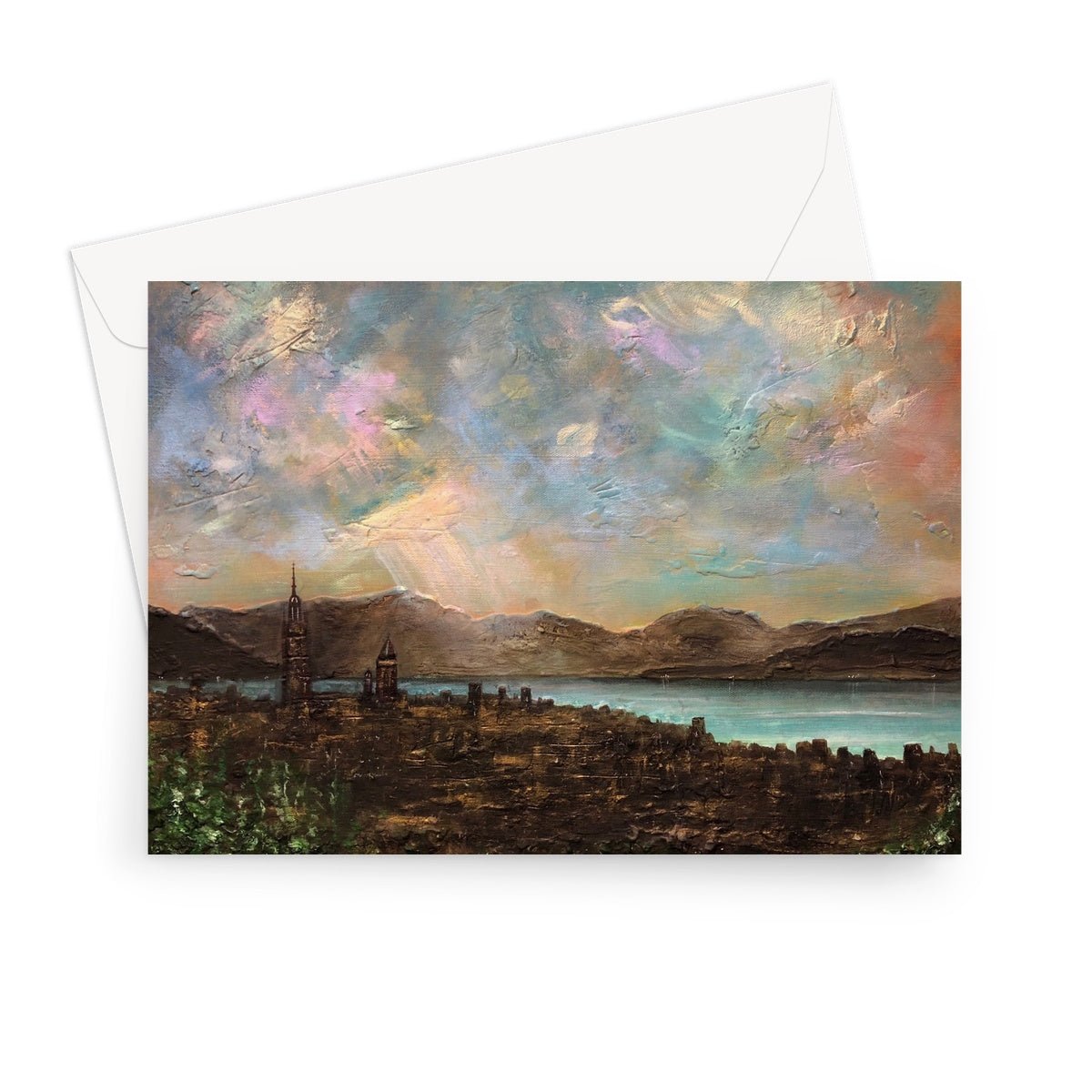 Angels Fingers Over Greenock Art Gifts Greeting Card-Greetings Cards-River Clyde Art Gallery-7"x5"-1 Card-Paintings, Prints, Homeware, Art Gifts From Scotland By Scottish Artist Kevin Hunter