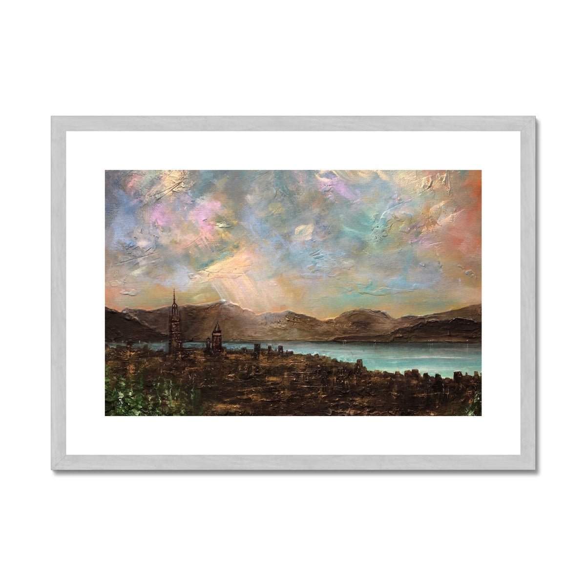 Angels Fingers Over Greenock Painting | Antique Framed & Mounted Prints From Scotland-Antique Framed & Mounted Prints-River Clyde Art Gallery-A2 Landscape-Silver Frame-Paintings, Prints, Homeware, Art Gifts From Scotland By Scottish Artist Kevin Hunter