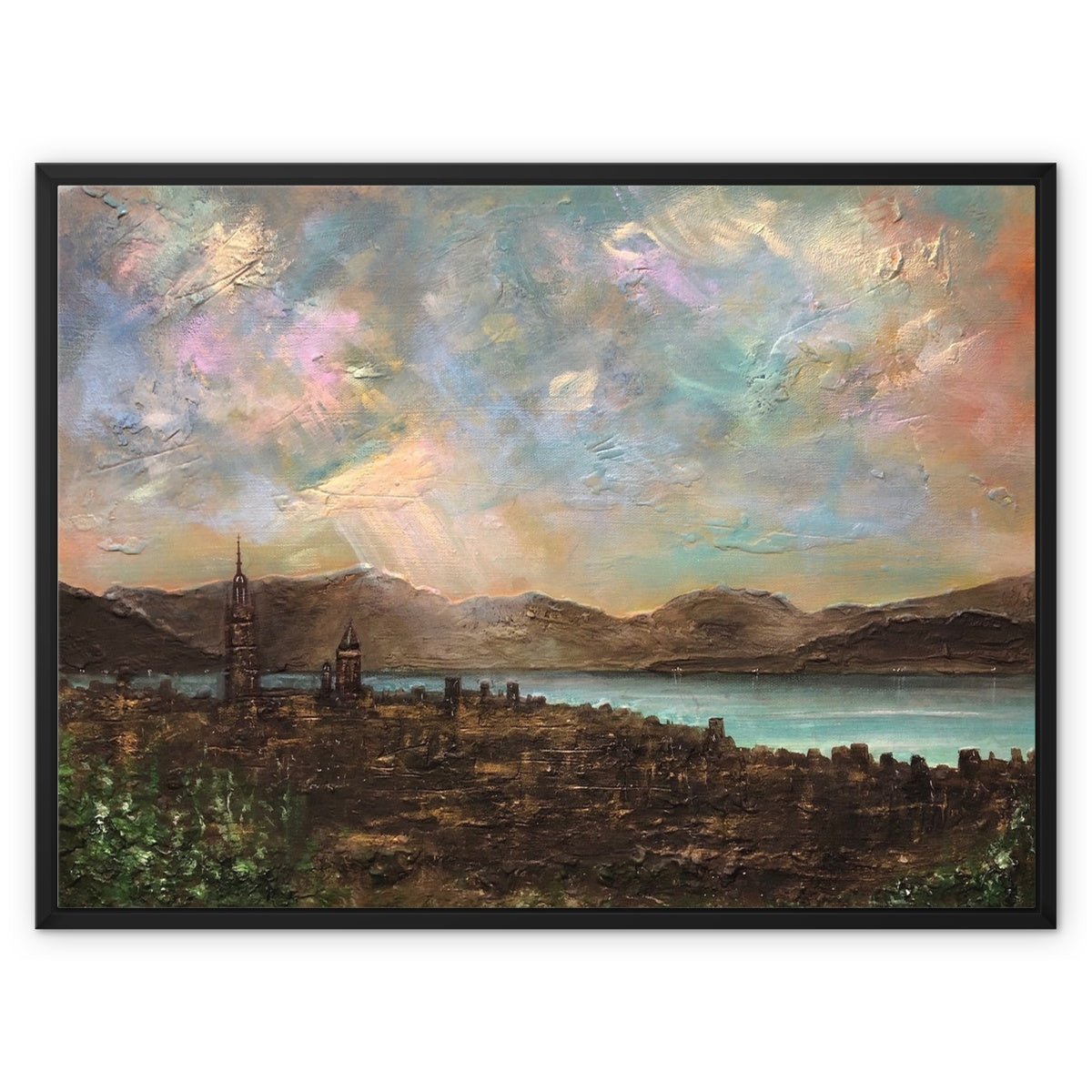 Angels Fingers Over Greenock Painting | Framed Canvas-Floating Framed Canvas Prints-River Clyde Art Gallery-32"x24"-Black Frame-Paintings, Prints, Homeware, Art Gifts From Scotland By Scottish Artist Kevin Hunter