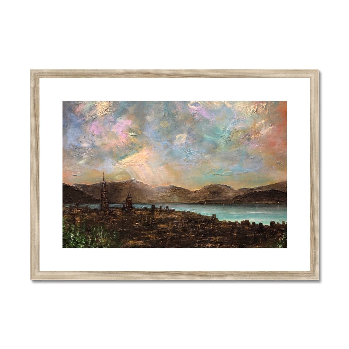 Angels Fingers Over Greenock Painting | Framed & Mounted Prints From Scotland-Framed & Mounted Prints-River Clyde Art Gallery-A2 Landscape-Natural Frame-Paintings, Prints, Homeware, Art Gifts From Scotland By Scottish Artist Kevin Hunter