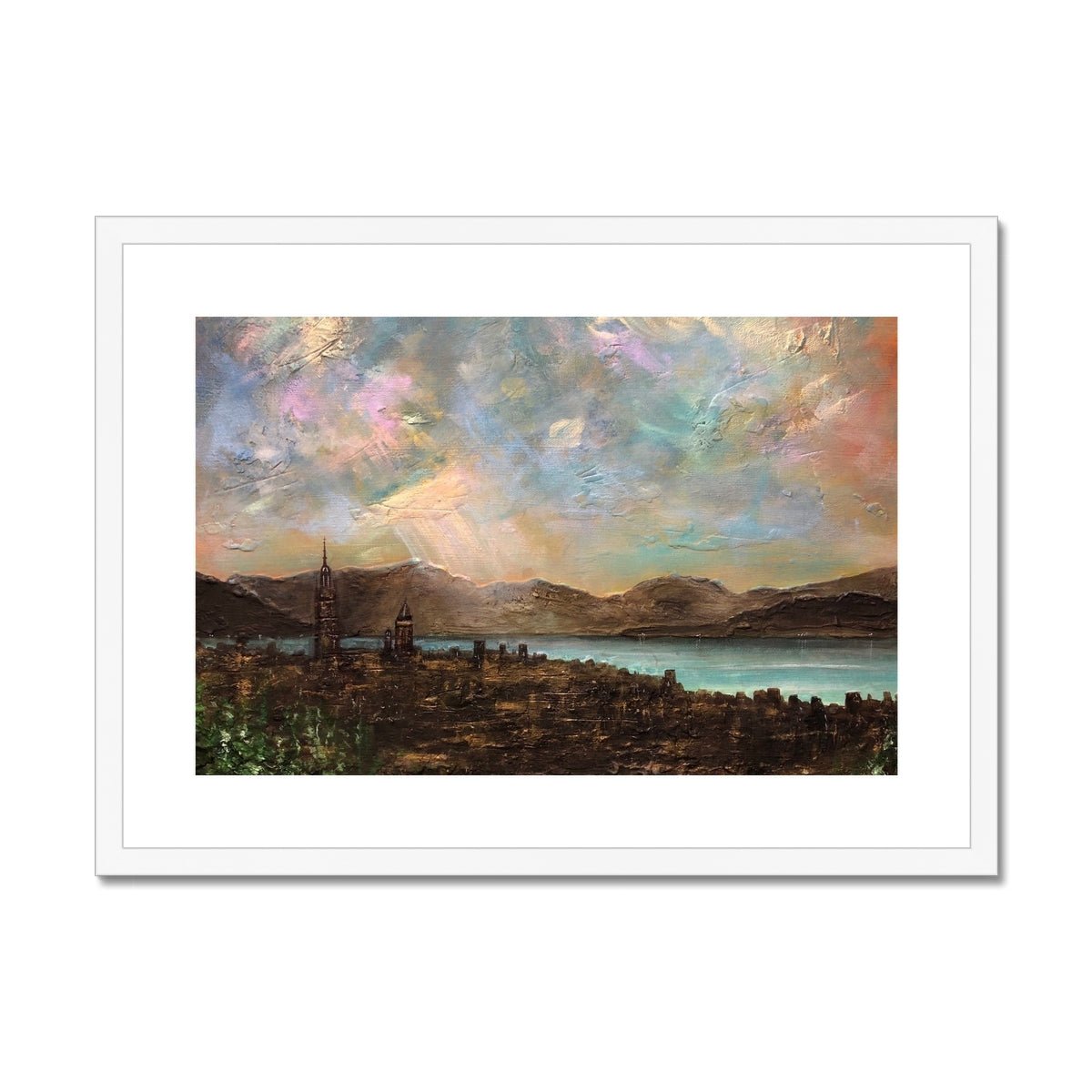 Angels Fingers Over Greenock Painting | Framed & Mounted Prints From Scotland-Framed & Mounted Prints-River Clyde Art Gallery-A2 Landscape-White Frame-Paintings, Prints, Homeware, Art Gifts From Scotland By Scottish Artist Kevin Hunter