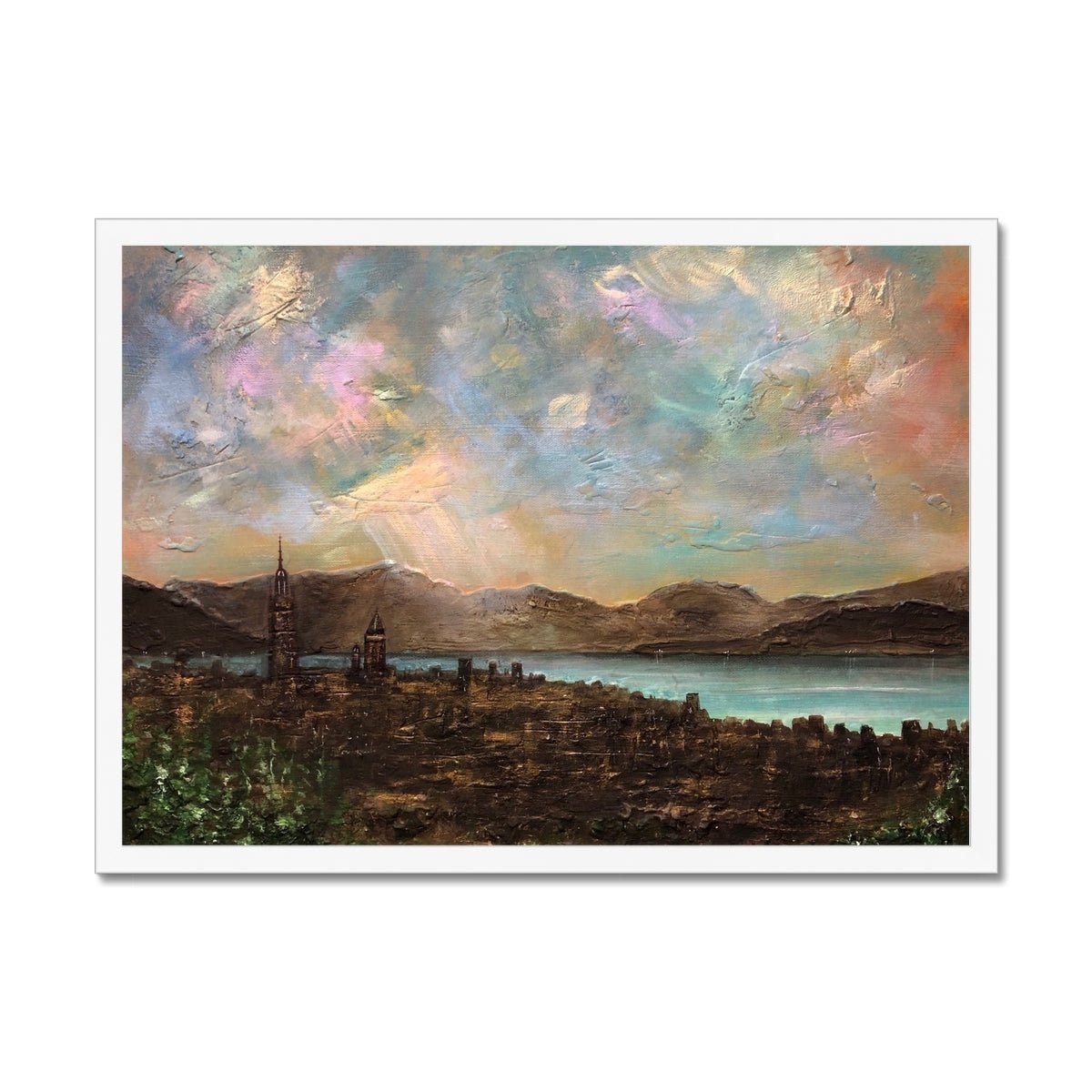 Angels Fingers Over Greenock Painting | Framed Prints From Scotland-Framed Prints-River Clyde Art Gallery-A2 Landscape-White Frame-Paintings, Prints, Homeware, Art Gifts From Scotland By Scottish Artist Kevin Hunter