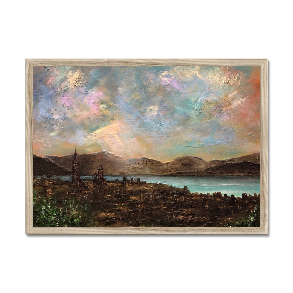 Angels Fingers Over Greenock Painting | Framed Prints From Scotland-Framed Prints-River Clyde Art Gallery-A2 Landscape-Natural Frame-Paintings, Prints, Homeware, Art Gifts From Scotland By Scottish Artist Kevin Hunter