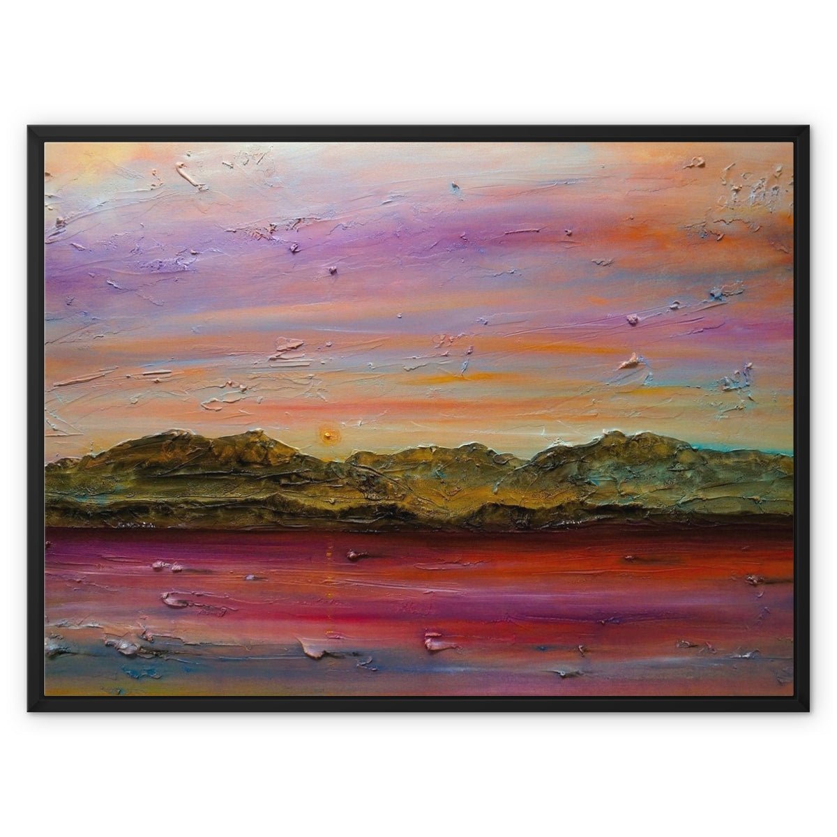 Arran Autumn Dusk Painting | Framed Canvas From Scotland-Floating Framed Canvas Prints-Arran Art Gallery-32"x24"-Black Frame-Paintings, Prints, Homeware, Art Gifts From Scotland By Scottish Artist Kevin Hunter