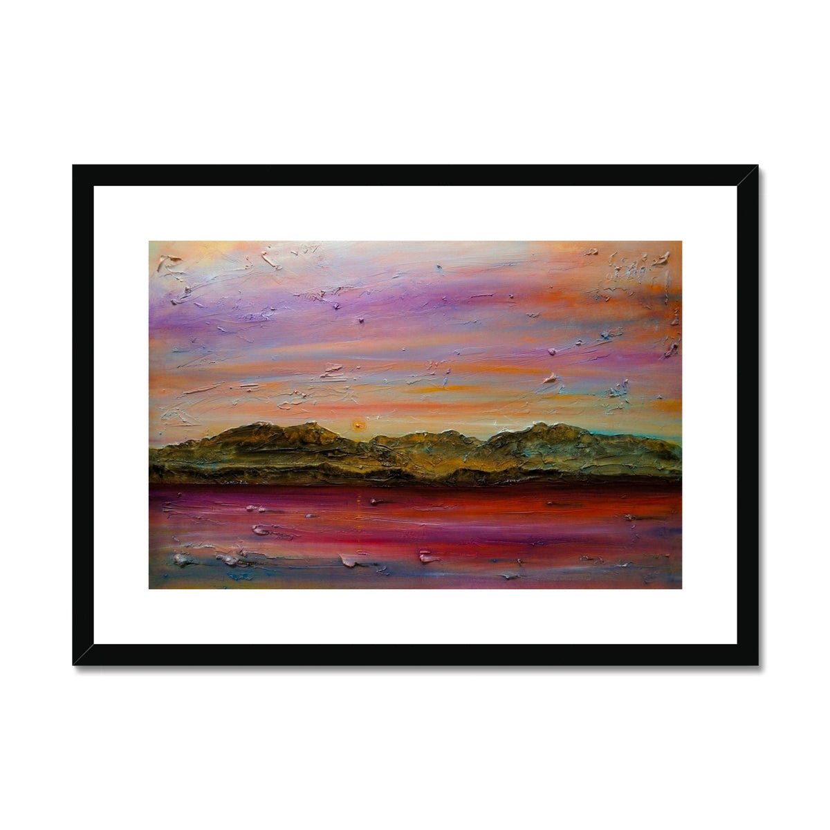 Arran Autumn Dusk Painting | Framed & Mounted Prints From Scotland-Framed & Mounted Prints-Arran Art Gallery-A2 Landscape-Black Frame-Paintings, Prints, Homeware, Art Gifts From Scotland By Scottish Artist Kevin Hunter
