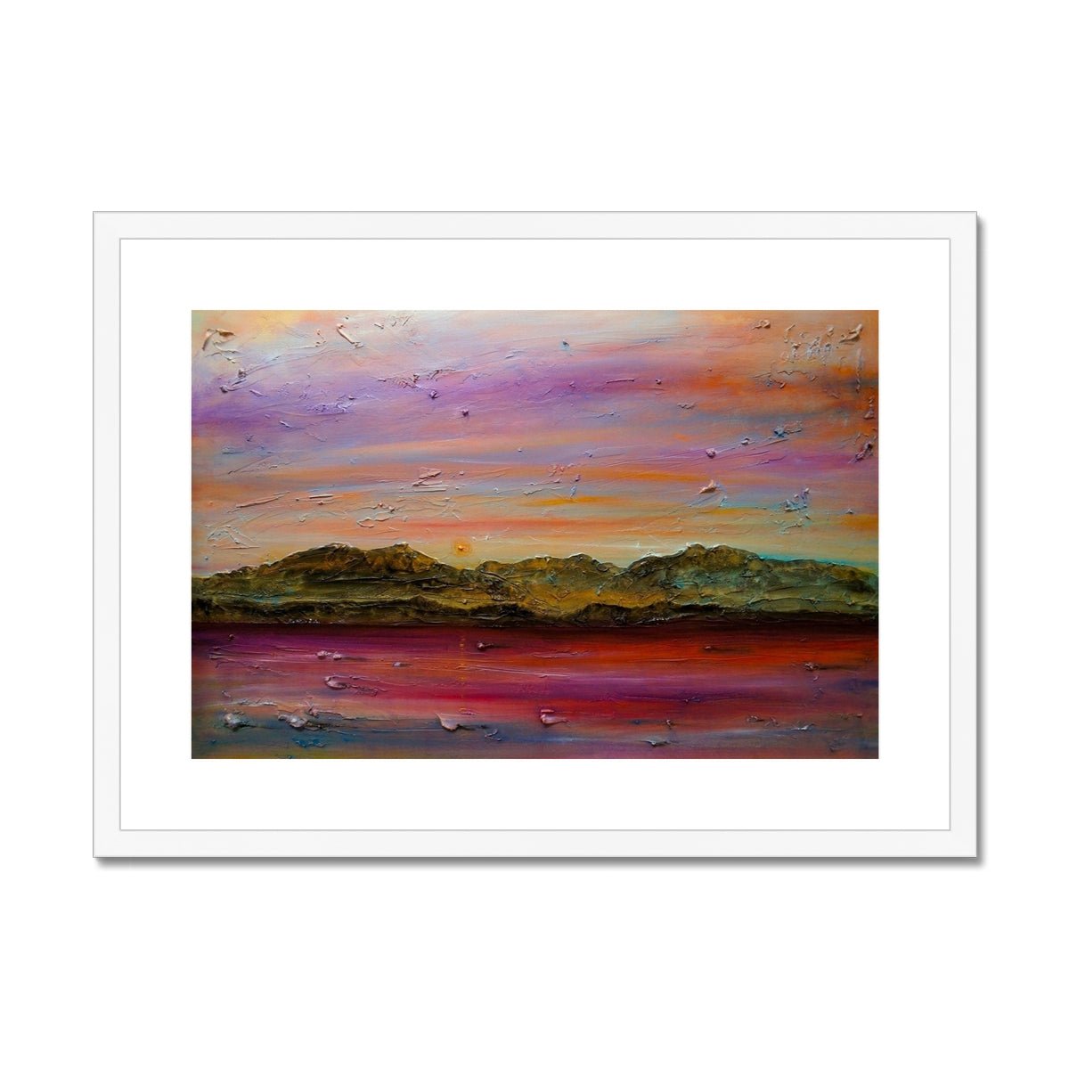Arran Autumn Dusk Painting | Framed & Mounted Prints From Scotland-Framed & Mounted Prints-Arran Art Gallery-A2 Landscape-White Frame-Paintings, Prints, Homeware, Art Gifts From Scotland By Scottish Artist Kevin Hunter