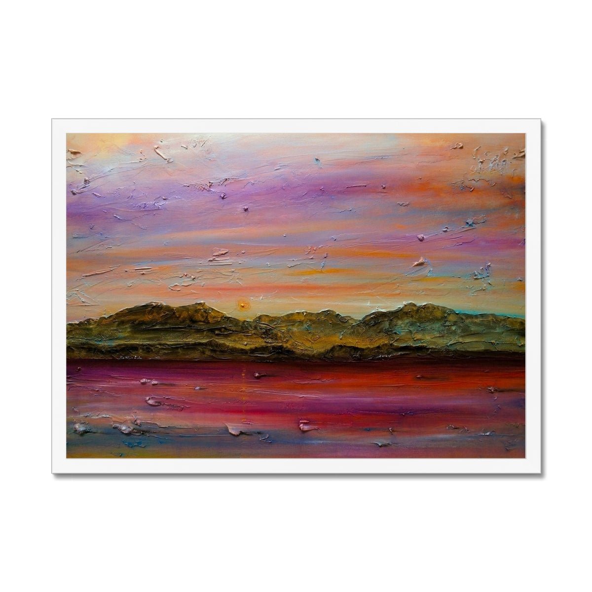 Arran Autumn Dusk Painting | Framed Prints From Scotland-Framed Prints-Arran Art Gallery-A2 Landscape-White Frame-Paintings, Prints, Homeware, Art Gifts From Scotland By Scottish Artist Kevin Hunter
