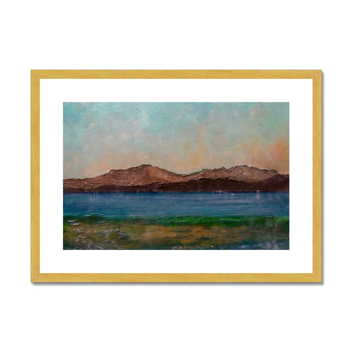 Arran From Scalpsie Bay Painting | Antique Framed & Mounted Prints From Scotland-Antique Framed & Mounted Prints-Arran Art Gallery-A2 Landscape-Gold Frame-Paintings, Prints, Homeware, Art Gifts From Scotland By Scottish Artist Kevin Hunter