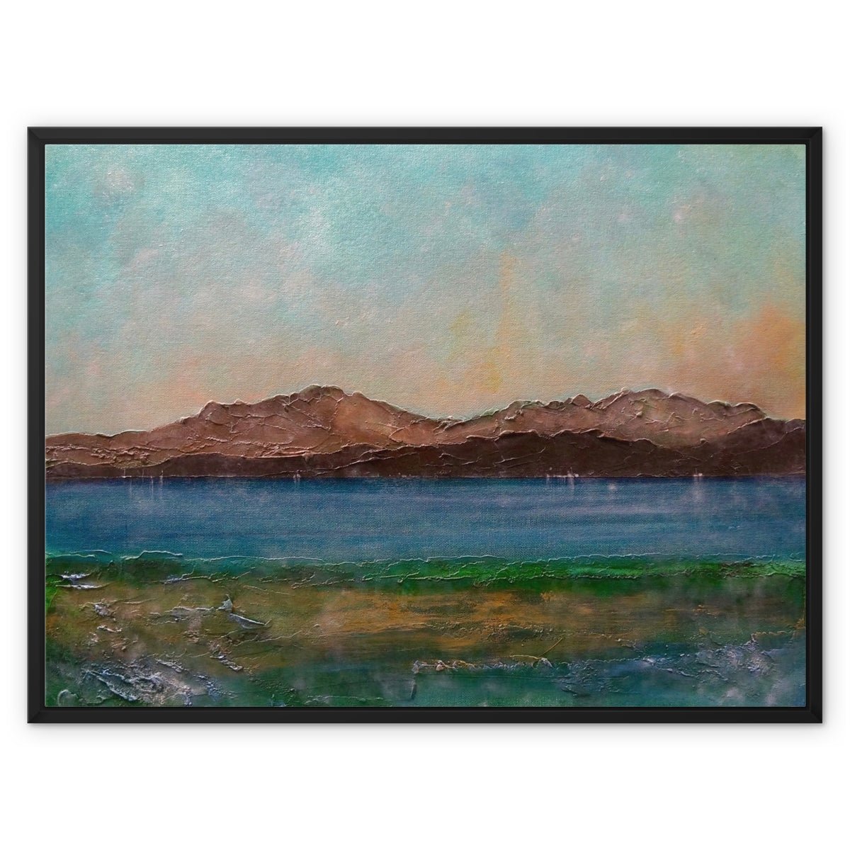 Arran From Scalpsie Bay Painting | Framed Canvas From Scotland-Floating Framed Canvas Prints-Arran Art Gallery-32"x24"-Black Frame-Paintings, Prints, Homeware, Art Gifts From Scotland By Scottish Artist Kevin Hunter