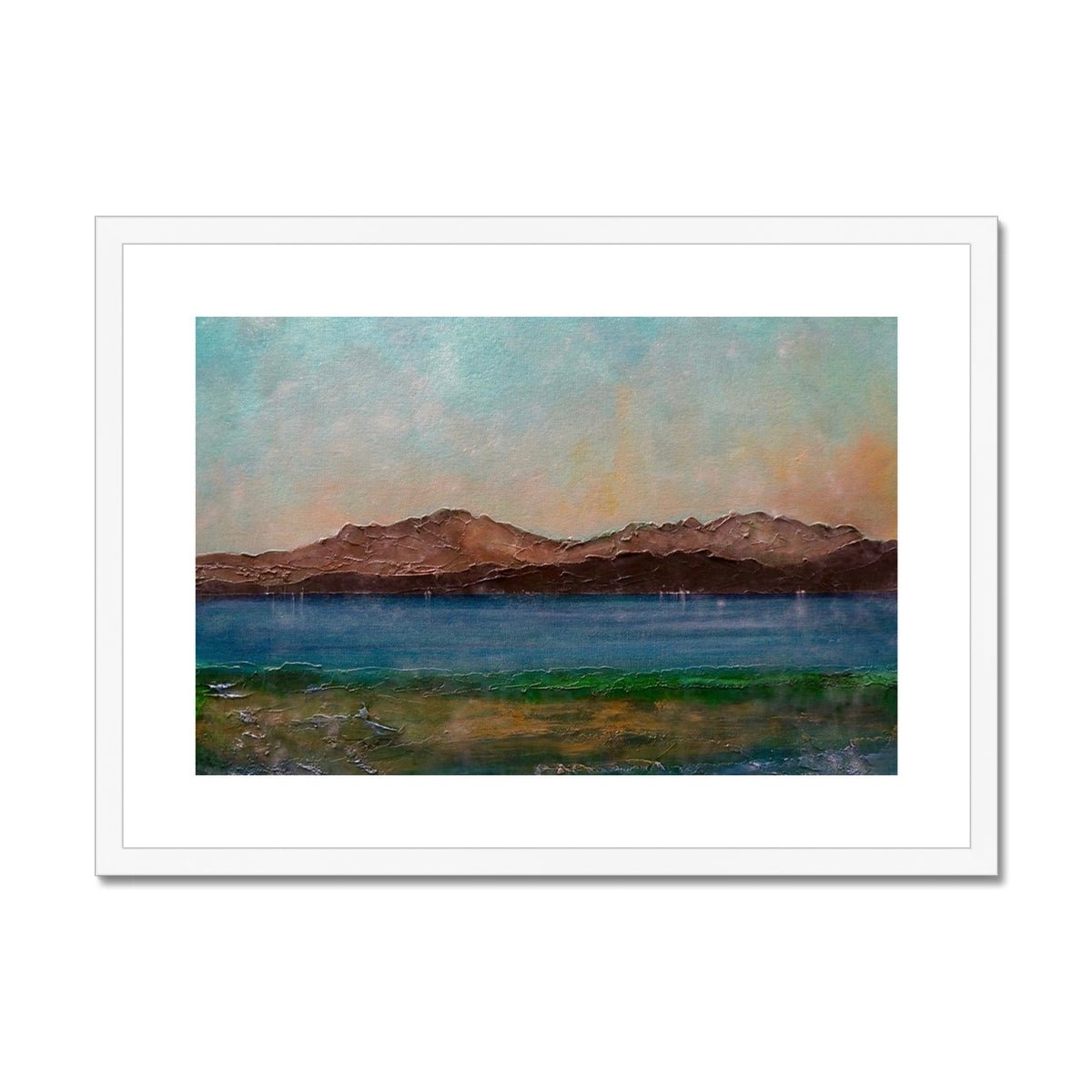 Arran From Scalpsie Bay Painting | Framed & Mounted Prints From Scotland-Framed & Mounted Prints-Arran Art Gallery-A2 Landscape-White Frame-Paintings, Prints, Homeware, Art Gifts From Scotland By Scottish Artist Kevin Hunter