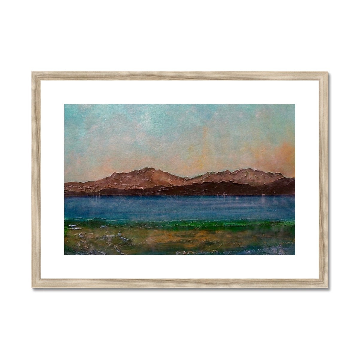 Arran From Scalpsie Bay Painting | Framed & Mounted Prints From Scotland-Framed & Mounted Prints-Arran Art Gallery-A2 Landscape-Natural Frame-Paintings, Prints, Homeware, Art Gifts From Scotland By Scottish Artist Kevin Hunter
