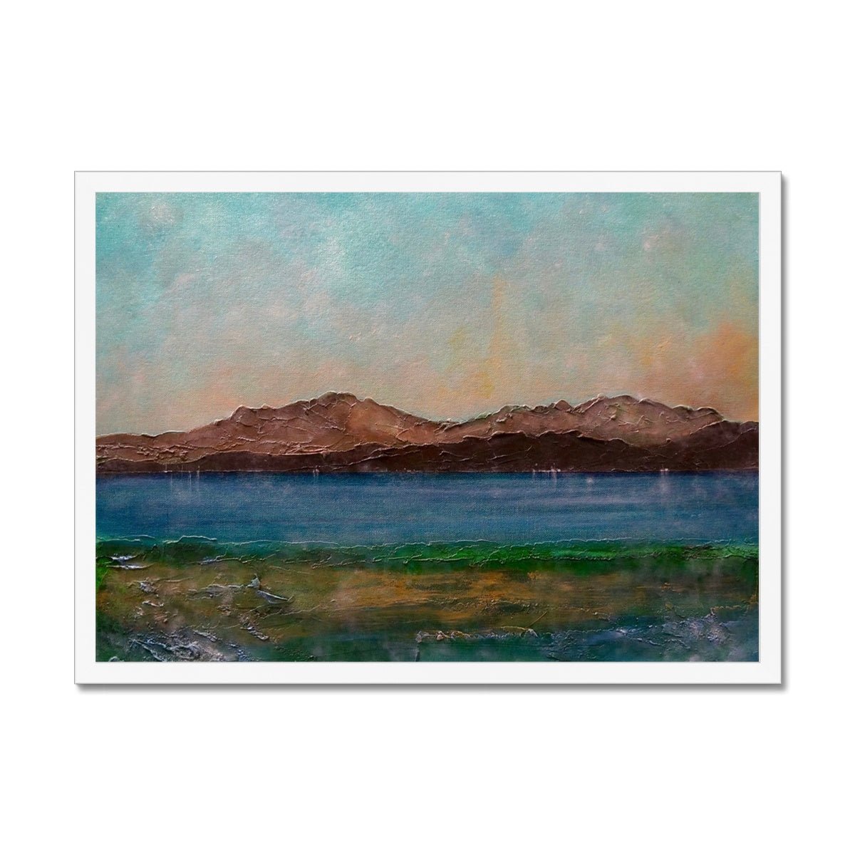 Arran From Scalpsie Bay Painting | Framed Prints From Scotland-Framed Prints-Arran Art Gallery-A2 Landscape-White Frame-Paintings, Prints, Homeware, Art Gifts From Scotland By Scottish Artist Kevin Hunter