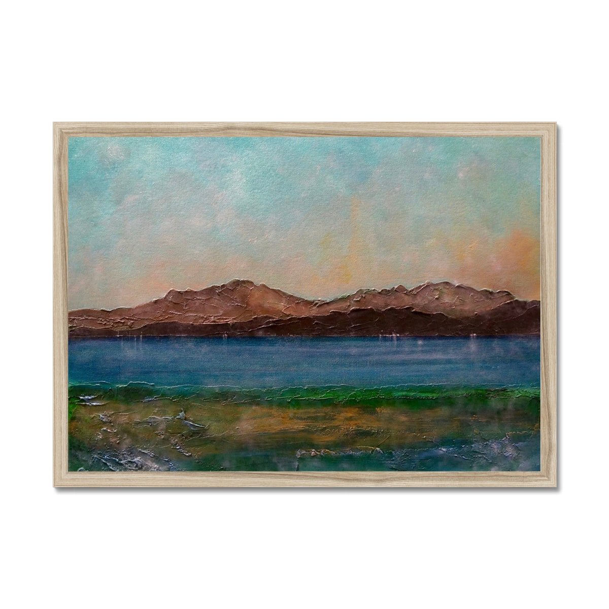 Arran From Scalpsie Bay Painting | Framed Prints From Scotland-Framed Prints-Arran Art Gallery-A2 Landscape-Natural Frame-Paintings, Prints, Homeware, Art Gifts From Scotland By Scottish Artist Kevin Hunter