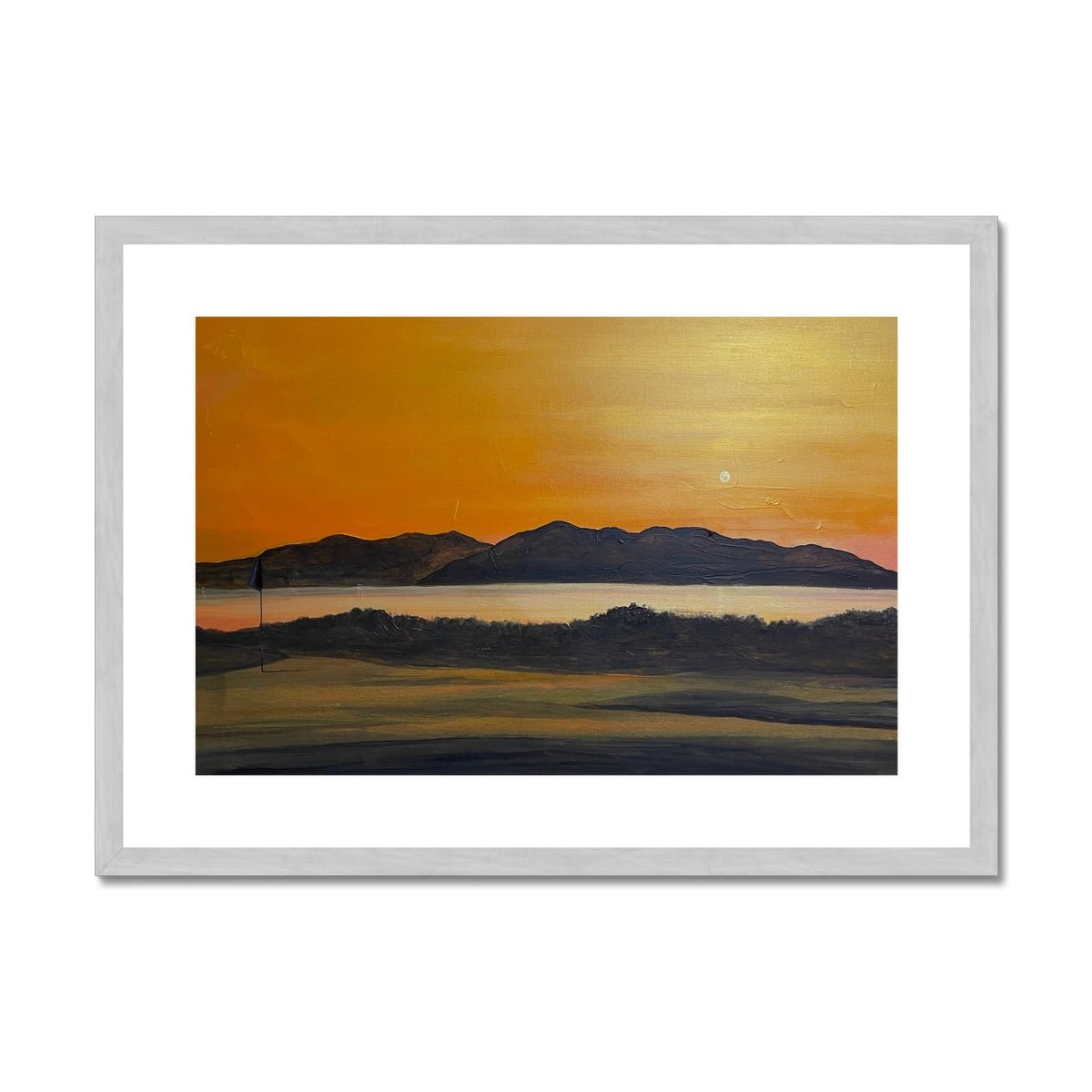 Arran & The 5th Green Royal Troon Golf Course Painting | Antique Framed & Mounted Prints From Scotland-Antique Framed & Mounted Prints-Arran Art Gallery-A2 Landscape-Silver Frame-Paintings, Prints, Homeware, Art Gifts From Scotland By Scottish Artist Kevin Hunter